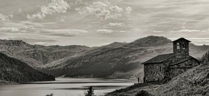 stone church in the mountains in monochrome