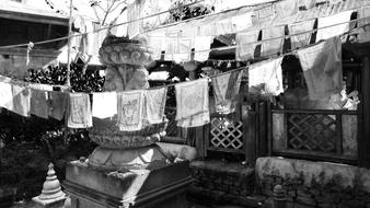 monochrome photo of Nepal Temple Flags