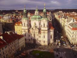 Beautiful church with green domes in Prague, Czech Republic