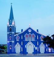 Beautiful, blue and white church with the steeple in Maracaibo, Venezuela