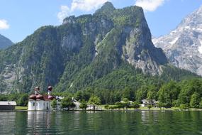 colorful panorama of a lakeside church in Germany
