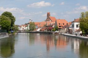 Water mirroring red roof