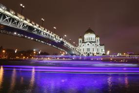 Patriarshiy Peshekhodnyy Most and cathedral at Night, russia, moscow