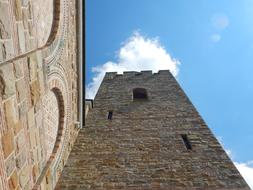 wall and tower of Ascension Cathedral at sky, bulgaria, veliko tarnovo