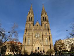 church with spiers in the gothic style in autumn