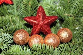 christmas decorations in the form of stars and balls on fir branches