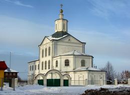 Beautiful, snowy landscape with the church, among the plants, in the winter