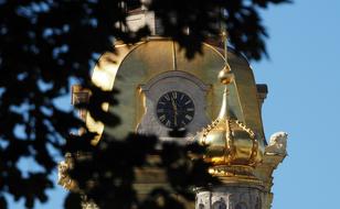 Close-up of the beautiful, shiny, gold clock tower near the tree, in sunlight, under the blue sky