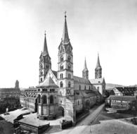 black and white photo of bamberg cathedral with spiers