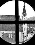 Black and white photo of Czech Cesky Krumlov Church