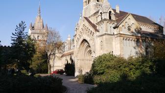 Beautiful landscape with the Stanley I Church, among the colorful plants, in Budapest, under the blue sky