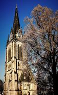 Beautiful church with the steeple, near the colorful tree in Kassel, Germany, under the blue sky