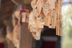 paper leaves with the inscriptions during prayer on a blurred background