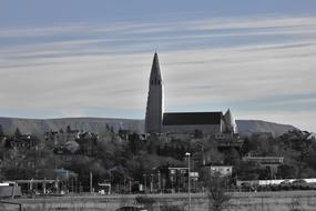 distant view of a church in iceland in monochrome