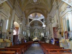 church hall with wooden benches