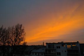 Beautiful landscape with houses and church, art colorful and beautiful sunset