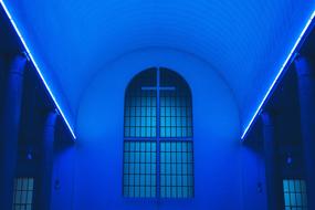 Beautiful architecture with the glass items, in blue lights