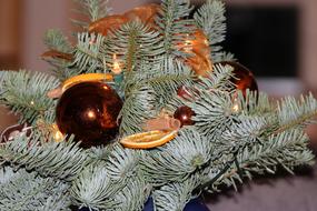 spruce branch with christmas decorations close up