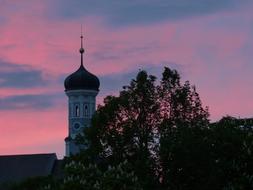 church tower with a spire behind a tree during sunset