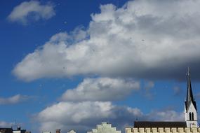 Beautiful gulls flying above the colorful and beautiful buildings, under the blue sky with clouds