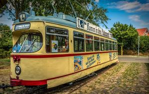 vintage yellow Tram on Railway