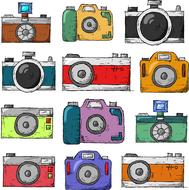 painted collage of multi-colored photo cameras