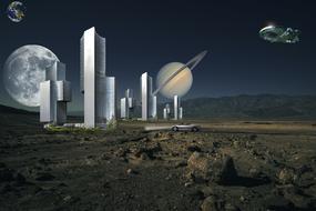 City on the planet and ship in the space, among the other planets, clipart