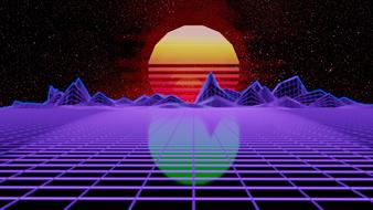Beautiful and colorful landscape with mountains and planet, in synthwaves style