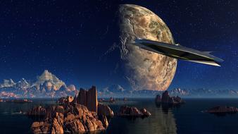 fantastic image of a flying saucer over the sea against the background of the planet