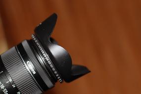 Close-up of the beautiful, shiny black "Canon" camera hood