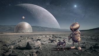 Robot, with the animal, on the planet, with the construction and Moon on background, in the pace