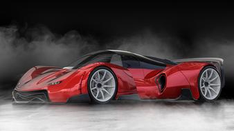 Beautiful, shiny, red and black car concept, with the smoke on black background, clipart