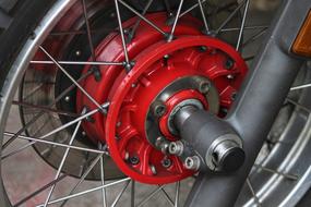 Front Wheel of Motorcycle on fork close up
