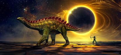 Fantasy, person with bow hunting on giant Dinosaur in desert