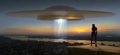 fantastic UFO landing in the city center