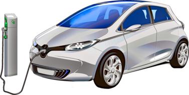 electric car plugged to charge, drawing