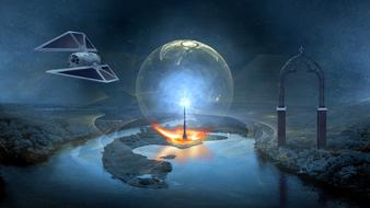 fantastic image of an electric ball in the background and a spaceship