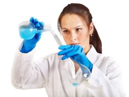 Chemistry, Experiment, girl in gloves holds flasks