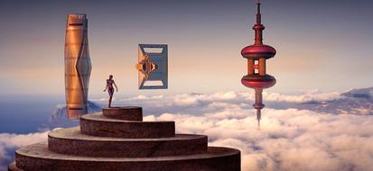 futuristic objects over mountain peaks and clouds, digital art