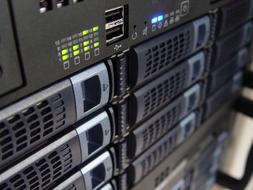 Close-up of the servers, with the colorful lights