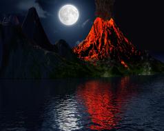 Volcano Eruption at full Moon night, digital art
