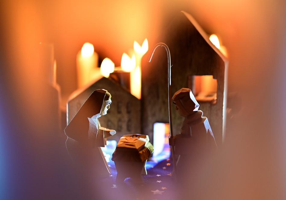 christmas nativity scene in blurred background