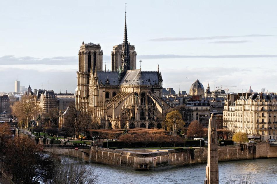 Beautiful and colorful Notre Dame of Paris, on the shore of the Seine, in France