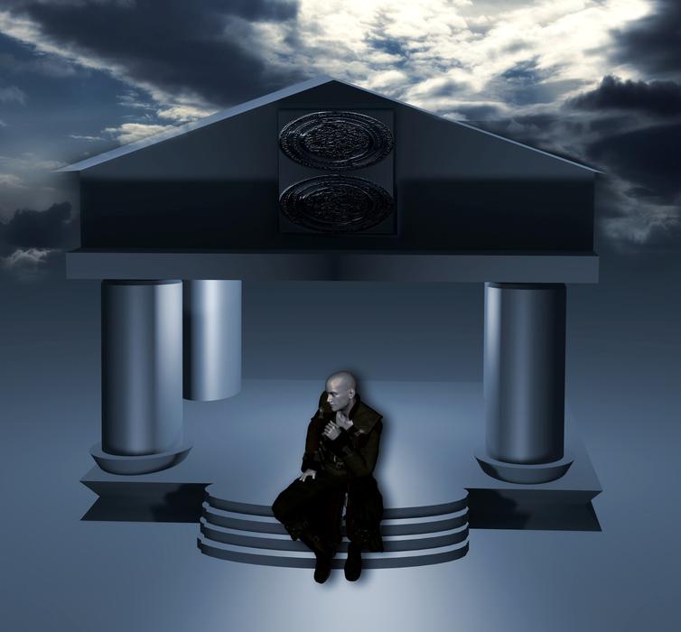Man in black clothing on the stairs of the columnar temple, under cloudy sky on clipart