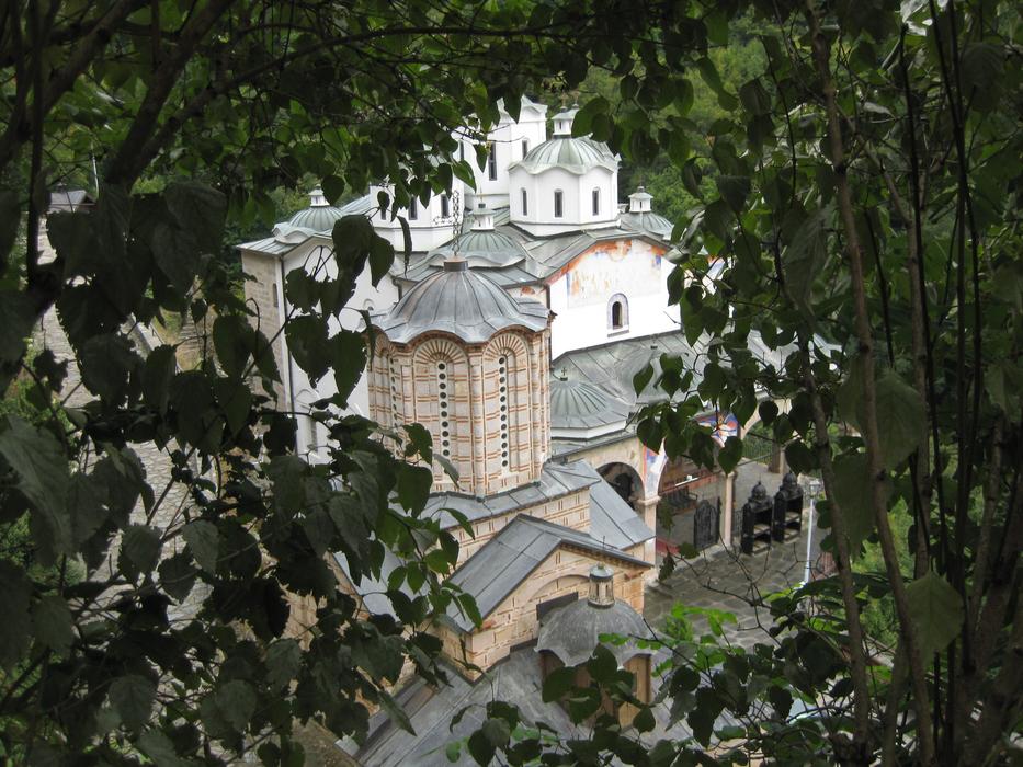 Beautiful view on the monastery through the green leaves in Macedonia