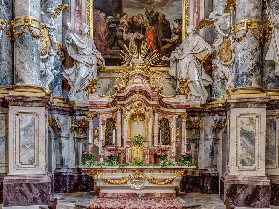 Colorful and beautiful, altar with the columns, in the monastery of Ebrach, Germany