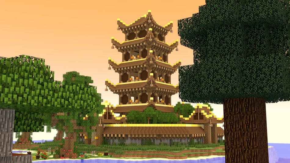 Beautiful temple with yellow lights, among the water in Minecraft