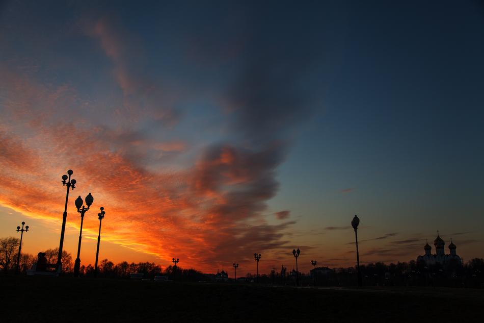 Church Temple and red clouds on Sky