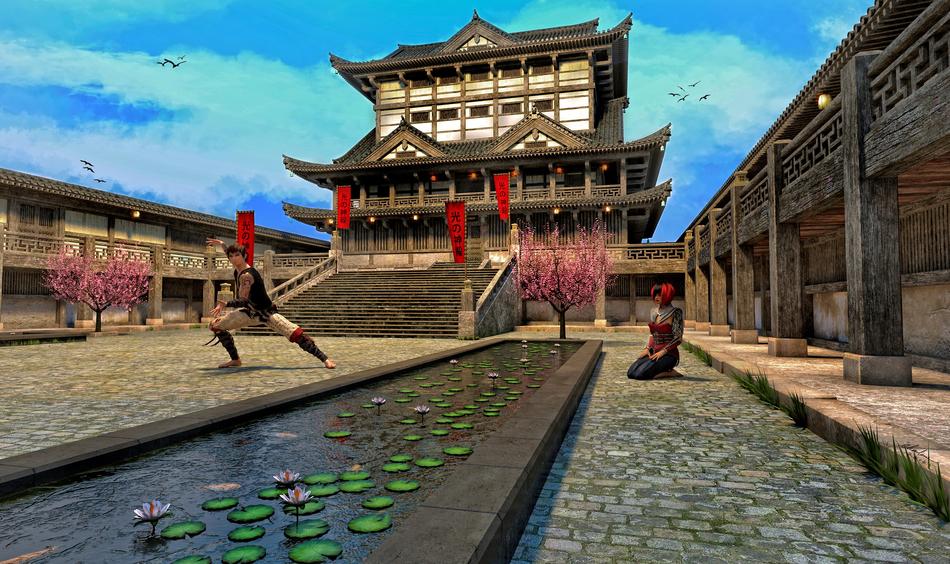 painting of a chinese temple with a lake in the yard