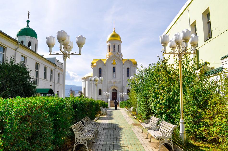 Beautiful church, with the golden dome, with the colorful and beautiful park, in Mongolia